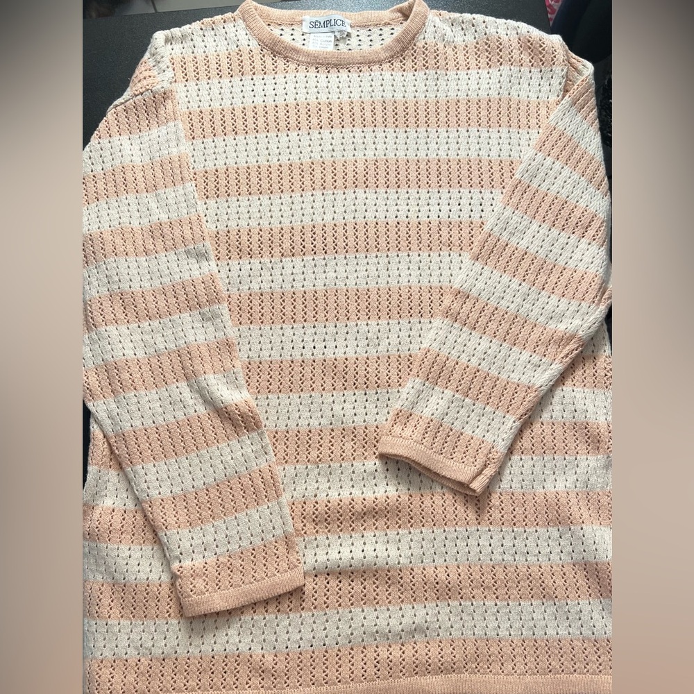 Semplice Cream & Light Pink Striped Open Knit Long Sleeve Crewneck Sweater